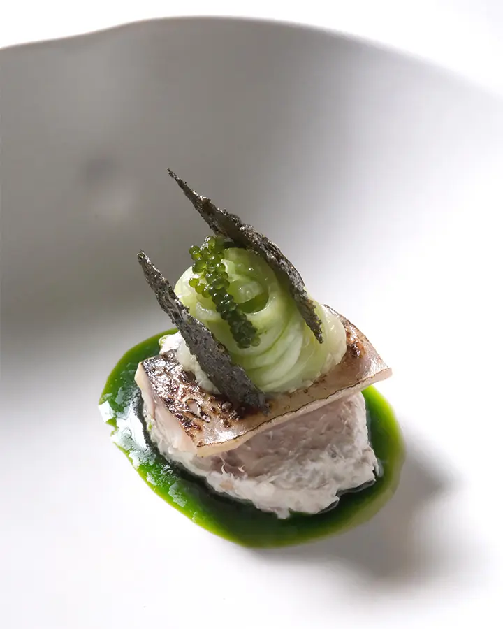 Caballa curada y combinada con pepino y rábano picante