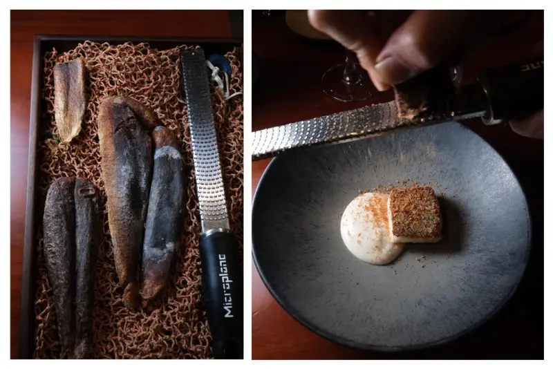 Plato de lubina 1 ingrediente con la hueva del pescado curada y rallada